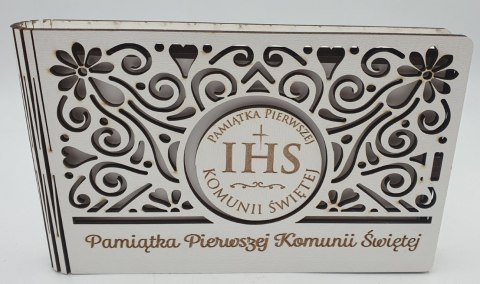Banknotówka na pieniądze 10 x 15,5cm ażur biała KOMUNIA ŚW IHS