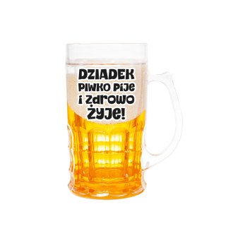 Art. dekoracyjny plastikowy kufel do piwa z podwójnymi ściankami z brokatem i napisem "Dziadek piwko pije i zdrowo żyje!". Wysok